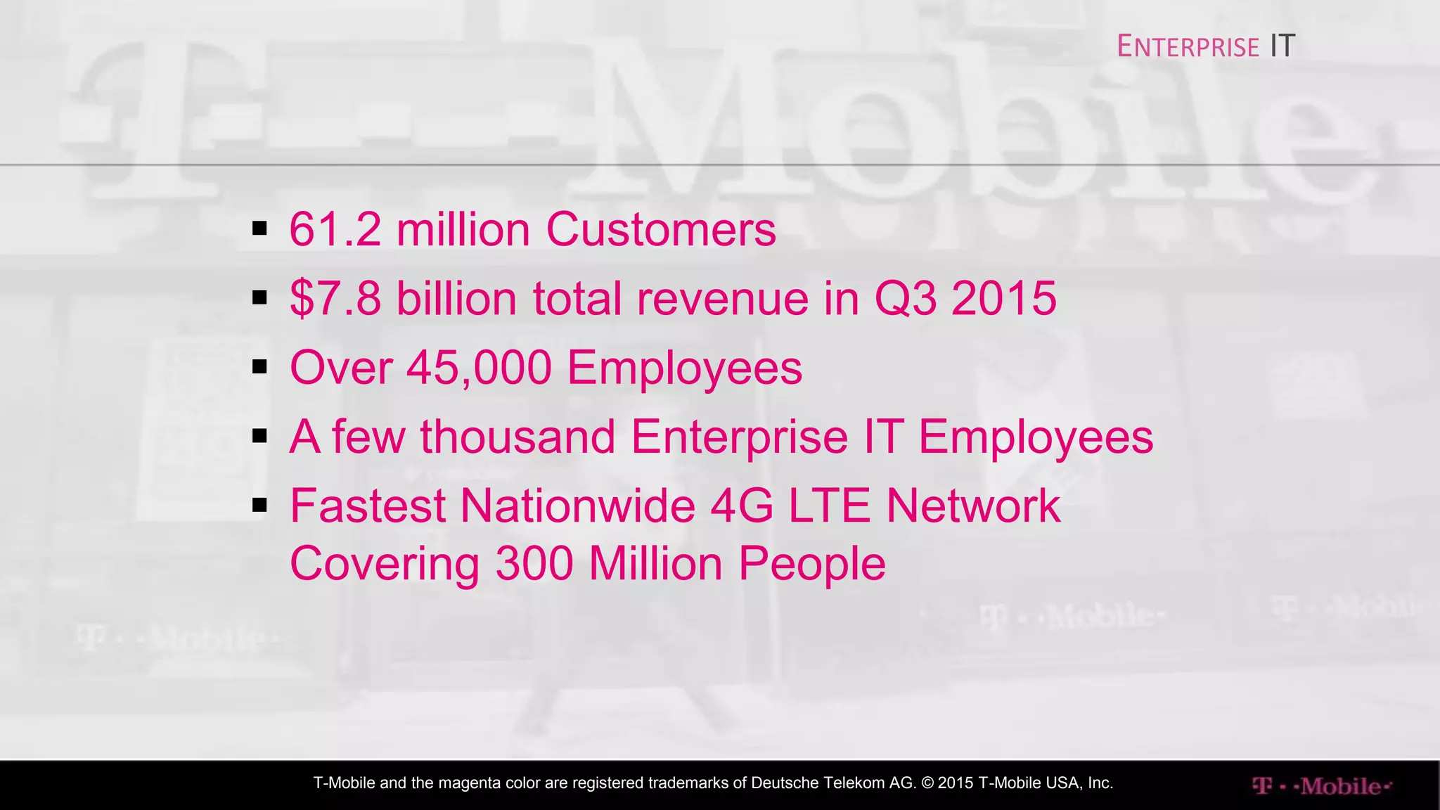 ENTERPRISE IT
T-Mobile and the magenta color are registered trademarks of Deutsche Telekom AG. © 2015 T-Mobile USA, Inc.
 61.2 million Customers
 $7.8 billion total revenue in Q3 2015
 Over 45,000 Employees
 A few thousand Enterprise IT Employees
 Fastest Nationwide 4G LTE Network
Covering 300 Million People
 