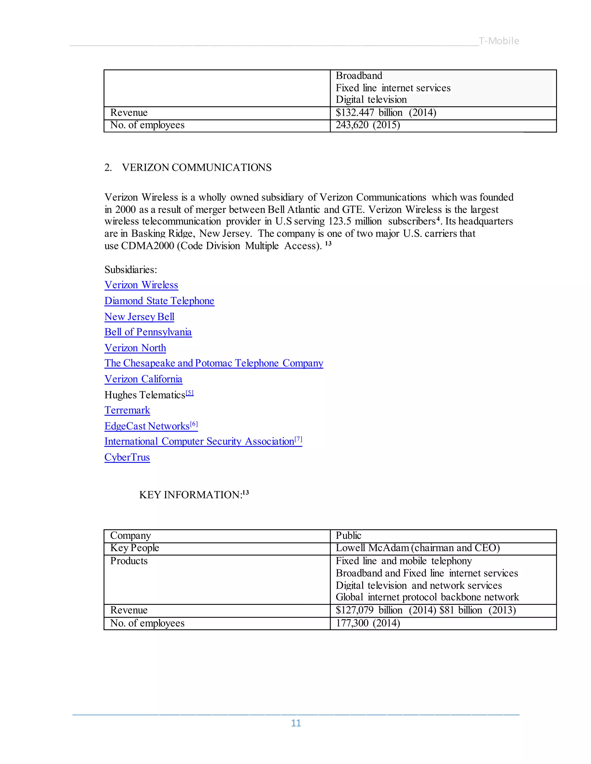 ______________________________________________________________________________T-Mobile
_____________________________________________________________________________________
11
 Broadband
 Fixed line internet services
 Digital television
Revenue $132.447 billion (2014)
No. of employees 243,620 (2015)
2. VERIZON COMMUNICATIONS
Verizon Wireless is a wholly owned subsidiary of Verizon Communications which was founded
in 2000 as a result of merger between Bell Atlantic and GTE. Verizon Wireless is the largest
wireless telecommunication provider in U.S serving 123.5 million subscribers4
. Its headquarters
are in Basking Ridge, New Jersey. The company is one of two major U.S. carriers that
use CDMA2000 (Code Division Multiple Access). 13
Subsidiaries:
Verizon Wireless
Diamond State Telephone
New Jersey Bell
Bell of Pennsylvania
Verizon North
The Chesapeake and Potomac Telephone Company
Verizon California
Hughes Telematics[5]
Terremark
EdgeCast Networks[6]
International Computer Security Association[7]
CyberTrus
KEY INFORMATION:13
Company Public
Key People Lowell McAdam (chairman and CEO)
Products Fixed line and mobile telephony
Broadband and Fixed line internet services
Digital television and network services
Global internet protocol backbone network
Revenue $127,079 billion (2014) $81 billion (2013)
No. of employees 177,300 (2014)
 