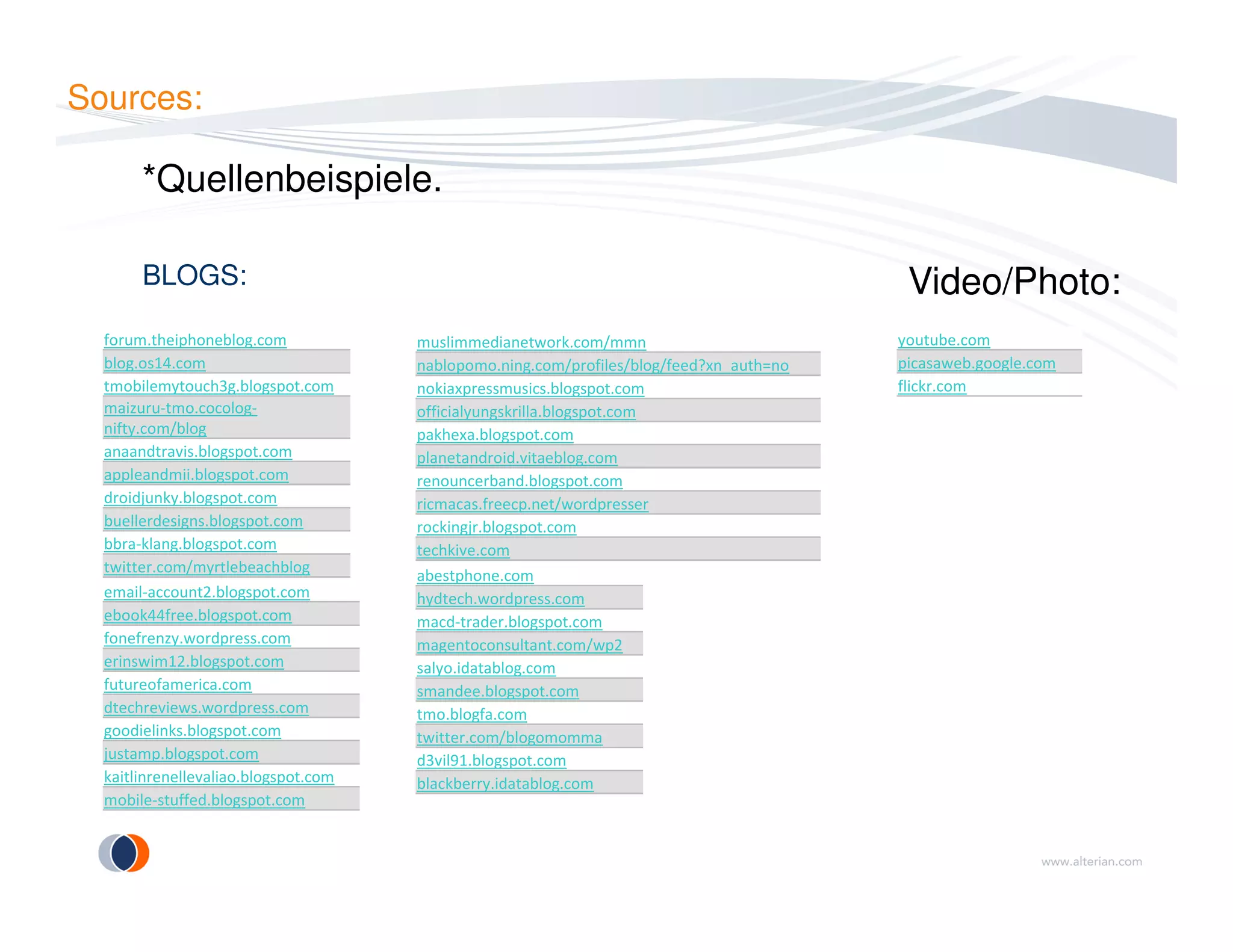Sources:
BLOGS:
forum.theiphoneblog.com
blog.os14.com
tmobilemytouch3g.blogspot.com
maizuru-tmo.cocolog-
nifty.com/blog
anaandtravis.blogspot.com
appleandmii.blogspot.com
*Quellenbeispiele.
muslimmedianetwork.com/mmn
nablopomo.ning.com/profiles/blog/feed?xn_auth=no
nokiaxpressmusics.blogspot.com
officialyungskrilla.blogspot.com
pakhexa.blogspot.com
planetandroid.vitaeblog.com
renouncerband.blogspot.com
Video/Photo:
youtube.com
picasaweb.google.com
flickr.com
abestphone.com
hydtech.wordpress.com
macd-trader.blogspot.com
magentoconsultant.com/wp2
salyo.idatablog.com
smandee.blogspot.com
tmo.blogfa.com
twitter.com/blogomomma
d3vil91.blogspot.com
blackberry.idatablog.com
appleandmii.blogspot.com
droidjunky.blogspot.com
buellerdesigns.blogspot.com
bbra-klang.blogspot.com
twitter.com/myrtlebeachblog
email-account2.blogspot.com
ebook44free.blogspot.com
fonefrenzy.wordpress.com
erinswim12.blogspot.com
futureofamerica.com
dtechreviews.wordpress.com
goodielinks.blogspot.com
justamp.blogspot.com
kaitlinrenellevaliao.blogspot.com
mobile-stuffed.blogspot.com
renouncerband.blogspot.com
ricmacas.freecp.net/wordpresser
rockingjr.blogspot.com
techkive.com
 