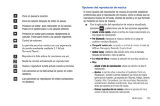 Opciones del reproductor de música
                                                                    El menú Ajustes del reproductor de música le permite establecer
          Pone en pausa la canción.                                 preferencias para el reproductor de música, como si desea que se
                                                                    reproduzca música en el fondo, efectos de sonido y en qué formato
          Inicia la canción después de estar en pausa.              se mostrará el menú de música.
                                                                      ᮣ Con la aplicación del reproductor de música visualizada,
          Presione sin soltar para retroceder en la canción.
          Pulse en el control para ir a la canción anterior.               presione            y seleccione una de las opciones siguientes:
                                                                           • Añadir a lista rápida: añade el archivo de música seleccionado a la
          Presione sin soltar para avanzar rápidamente la                    lista rápida de reproducción.
          canción. Pulse para mover a la canción siguiente.
                                                                           • Por Bluetooth: reproduce la música a través de un juego de
          Control de volumen.                                                audífono-micrófono Bluetooth.
5.1Ch
((   ))
          Le permite escuchar música con una experiencia                   • Compartir música via: comparte un archivo de música a través de
          de sonido envolvente mediante 5.1 Virtual                          AllShare, Mensajería, Bluetooth, Email o Gmail.
          Surround Sound.                                                  • Definir como: establece esta canción como Tono de llamada,
          Reproduce la lista entera de canciones una vez.                    Melodía del llamante o Tono de alarma.
                                                                           • Ir a vista de disco: muestra la selección en una vista circular cd.
          Repite la canción actualmente en reproducción.                   • Más:
          Vuelve a reproducir la lista actual cuando se termine.             – Añadir a lista de reproducción: añade una canción a la lista de
                                                                                 reproducción.
          Las canciones en la lista actual se ponen en orden                 – Ajustes: le permite activar o desactivar el Equalizador, Efecto o la
          aleatorio.                                                             Visualización. También le permite establecer qué menús de música
          Las canciones se reproducen en orden consecutivo,                      quiere que se muestren. Las opciones son: Álbumes, Artistas, Géneros,
                                                                                 Carpetas, Años, Compositores, Las más escuchadas, Reproducidas
          no aleatorio.                                                          recientemente o Añadidas recientemente. Toque cada elemento que
                                                                                 desea que aparezca en el menú de música.
                                                                             – Detener reproducción de música: detiene la reproducción de la
                                                                                 canción o lista de reproducción seleccionada.

                                                                                                                               Multimedia        105
 
