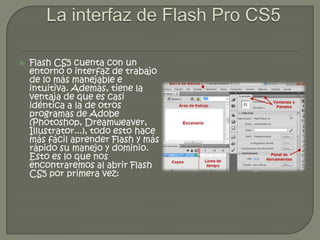    Flash CS5 cuenta con un
    entorno o interfaz de trabajo
    de lo más manejable e
    intuitiva. Además, tiene la
    ventaja de que es casi
    idéntica a la de otros
    programas de Adobe
    (Photoshop, Dreamweaver,
    Illustrator...), todo esto hace
    más fácil aprender Flash y más
    rápido su manejo y dominio.
    Esto es lo que nos
    encontraremos al abrir Flash
    CS5 por primera vez:
 