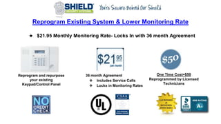 Reprogram Existing System & Lower Monitoring Rate
★ $21.95 Monthly Monitoring Rate- Locks In with 36 month Agreement
Repro...