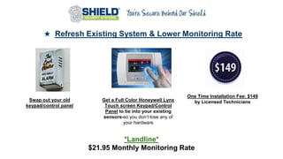 ★ Refresh Existing System & Lower Monitoring Rate
Swap out your old
keypad/control panel
One Time Installation Fee: $149
by Licensed TechniciansGet a Full Color Honeywell Lynx
Touch screen Keypad/Control
Panel to tie into your existing
sensors-so you don’t lose any of
your hardware
*Landline*
$21.95 Monthly Monitoring Rate
 