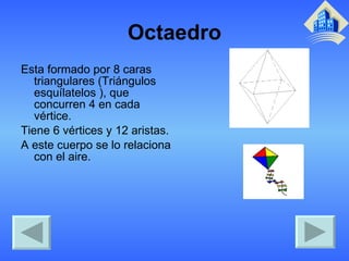 Octaedro Esta formado por 8 caras triangulares (Triángulos esquílatelos ), que concurren 4 en cada vértice. Tiene 6 vértices y 12 aristas. A este cuerpo se lo relaciona con el aire. 