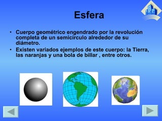 Esfera Cuerpo geométrico engendrado por la revolución completa de un semicírculo alrededor de su diámetro. Existen variados ejemplos de este cuerpo: la Tierra, las naranjas y una bola de billar , entre otros.  