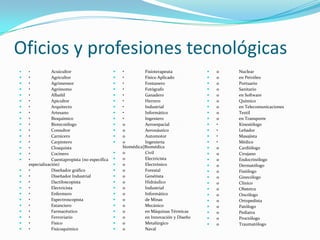 Oficios y profesiones tecnológicas
   •           Acuicultor                         •         Fisioterapeuta              o   Nuclear
   •           Agricultor                         •         Físico Aplicado             o   en Petróleo
   •           Agrimensor                         •         Fontanero                   o   Portuario
   •           Agrónomo                           •         Fotógrafo                   o   Sanitario
   •           Albañil                            •         Ganadero                    o   en Software
   •           Apicultor                          •         Herrero                     o   Químico
   •           Arquitecto                         •         Industrial                  o   en Telecomunicaciones
   •           Artesano                           •         Informático                 o   Textil
   •           Bioquímico                         •         Ingeniero                   o   en Transporte
   •           Biotecnólogo                       o         Aeroespacial                •   Kinesiólogo
   •           Consultor                          o         Aeronáutico                 •   Leñador
   •           Carnicero                          o         Automotor                   •   Masajista
   •           Carpintero                         o         Ingeniería                  •   Médico
   •           Cloaquista                          biomédica|Biomédica                   o   Cardiólogo
   •           Cocinero                           o         Civil                       o   Cirujano
   •           Cuentapropista (no especifica      o         Electricista                o   Endocrinólogo
    especialización)                               o         Electrónico                 o   Dermatólogo
   •           Diseñador gráfico                  o         Forestal                    o   Fisiólogo
   •           Diseñador Industrial               o         Genétista                   o   Ginecólogo
   •           Dactiloscopista                    o         Hidráulico                  o   Clínico
   •           Electricista                       o         Industrial                  o   Obstetra
   •           Enfermero                          o         Informático                 o   Oncólogo
   •           Espectroscopista                   o         de Minas                    o   Ortopedista
   •           Estanciero                         o         Mecánico                    o   Patólogo
   •           Farmacéutico                       o         en Máquinas Térmicas        o   Pediatra
   •           Ferroviario                        o         en Innovación y Diseño      o   Proctólogo
   •           Físico                             o         Metalúrgico                 o   Traumatólogo
   •           Fisicoquímico                      o         Naval
 