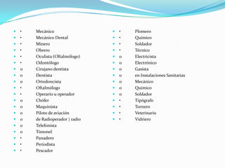    •   Mecánico                     •   Plomero
   •   Mecánico Dental              •   Químico
   •   Minero                       •   Soldador
   •   Obrero                       •   Técnico
   •   Oculista (Oftalmólogo)       o   Electricista
   •   Odontólogo                   o   Electrónico
   o   Cirujano dentista            o   Gasista
   o   Dentista                     o   en Instalaciones Sanitarias
   o   Ortodoncista                 o   Mecánico
   •   Oftalmólogo                  o   Químico
   •   Operario u operador          o   Soldador
   o   Chófer                       •   Tipógrafo
   o   Maquinista                   •   Tornero
   o   Piloto de aviación           •   Veterinario
   o   de Radioperador | radio      •   Vidriero
   o   Telefonista
   o   Timonel
   •   Panadero
   •   Periodista
   •   Pescador
 