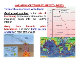 VARIATION OF TEMPRATURE WITH DEPTH
Temperature increases with depth:
Geothermal gradient is the rate of
increasing temperature with respect to
increasing depth into the Earth's
increasing depth into the Earth s
interior.
Away from tectonic plate
Away from tectonic plate
boundaries, it is about 25°C per km
of depth in most of the world
 