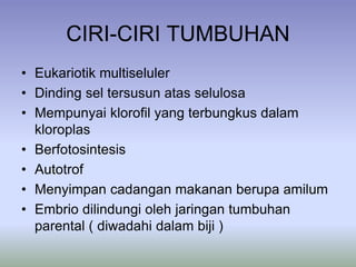 CIRI-CIRI TUMBUHAN
• Eukariotik multiseluler
• Dinding sel tersusun atas selulosa
• Mempunyai klorofil yang terbungkus dalam
kloroplas
• Berfotosintesis
• Autotrof
• Menyimpan cadangan makanan berupa amilum
• Embrio dilindungi oleh jaringan tumbuhan
parental ( diwadahi dalam biji )
 