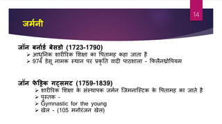 जममनी
जॉन बनामर्म बेसर्ो (1723-1790)
 आधुतनक शारीररक शशक्षा का वपतामह कहा जाता ह
 974 डेसू नामक स्थान पर प्रकृ तत िादी पाठशाला - फफलनथ्रोवपयम
जॉन फे ड्रिक गट्समट (1759-1839)
 शारीररक शशक्षा के सांस्थापक जमान जजमनाजस्र्क के वपतामह का जाते ह
 पुस्तक –
 Gymnastic for the young
 खेल - (105 मनोरांजन खेल)
14
 