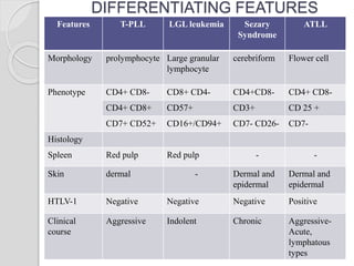 DIFFERENTIATING FEATURES
Features T-PLL LGL leukemia Sezary
Syndrome
ATLL
Morphology prolymphocyte Large granular
lymphocyte
cerebriform Flower cell
Phenotype CD4+ CD8- CD8+ CD4- CD4+CD8- CD4+ CD8-
CD4+ CD8+ CD57+ CD3+ CD 25 +
CD7+ CD52+ CD16+/CD94+ CD7- CD26- CD7-
Histology
Spleen Red pulp Red pulp - -
Skin dermal - Dermal and
epidermal
Dermal and
epidermal
HTLV-1 Negative Negative Negative Positive
Clinical
course
Aggressive Indolent Chronic Aggressive-
Acute,
lymphatous
types
 