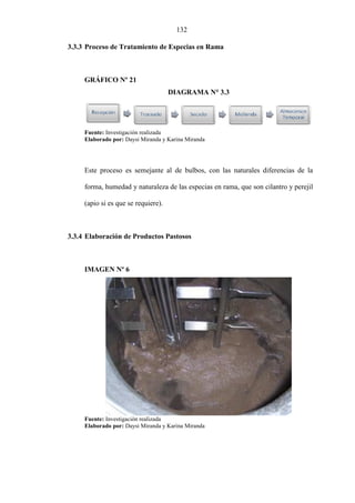 132
3.3.3 Proceso de Tratamiento de Especias en Rama
GRÁFICO Nº 21
DIAGRAMA N° 3.3
Fuente: Investigación realizada
Elaborado por: Daysi Miranda y Karina Miranda
Este proceso es semejante al de bulbos, con las naturales diferencias de la
forma, humedad y naturaleza de las especias en rama, que son cilantro y perejil
(apio si es que se requiere).
3.3.4 Elaboración de Productos Pastosos
IMAGEN Nº 6
Fuente: Investigación realizada
Elaborado por: Daysi Miranda y Karina Miranda
 