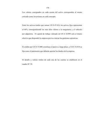 170
Los valores consignados en cada cuenta del activo corresponden al monto
cotizado como inversiones en cada concepto.
Entre los activos totales que suman US $ 47.810, los activos fijos representan
el 64%, correspondiendo los más altos valores a la maquinaria y el vehículo
por adquirirse. El capital de trabajo valorado en US $ 14.999 será el dinero
efectivo que dispondrá la empresa previa a iniciar las gestiones operativas.
El crédito por US $ 31.000 constituye el pasivo a largo plazo, y US $ 16.810 se
fija como el patrimonio que deberán aportar los dueños de la empresa.
El detalle y valores totales de cada una de las cuentas se establecen en el
cuadro N° 39.
 