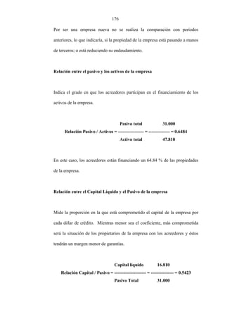 176
Por ser una empresa nueva no se realiza la comparación con períodos
anteriores, lo que indicaría, si la propiedad de la empresa está pasando a manos
de terceros; o está reduciendo su endeudamiento.
Relación entre el pasivo y los activos de la empresa
Indica el grado en que los acreedores participan en el financiamiento de los
activos de la empresa.
Pasivo total 31.000
Relación Pasivo / Activos = ----------------- = -------------- = 0.6484
Activo total 47.810
En este caso, los acreedores están financiando un 64.84 % de las propiedades
de la empresa.
Relación entre el Capital Líquido y el Pasivo de la empresa
Mide la proporción en la que está comprometido el capital de la empresa por
cada dólar de crédito. Mientras menor sea el coeficiente, más comprometida
será la situación de los propietarios de la empresa con los acreedores y éstos
tendrán un margen menor de garantías.
Capital líquido 16.810
Relación Capital / Pasivo = --------------------- = --------------- = 0.5423
Pasivo Total 31.000
 