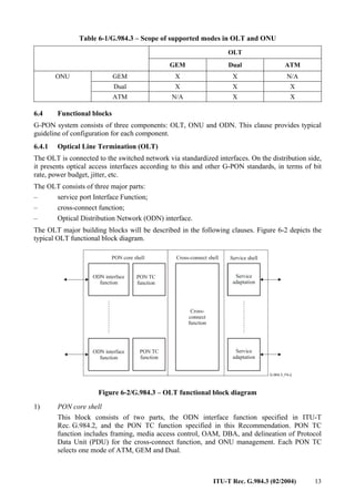 ITU-T Rec. G.984.3 (02/2004) 13
Table 6-1/G.984.3 – Scope of supported modes in OLT and ONU
OLT
GEM Dual ATM
GEM X X N/A
Dual X X X
ONU
ATM N/A X X
6.4 Functional blocks
G-PON system consists of three components: OLT, ONU and ODN. This clause provides typical
guideline of configuration for each component.
6.4.1 Optical Line Termination (OLT)
The OLT is connected to the switched network via standardized interfaces. On the distribution side,
it presents optical access interfaces according to this and other G-PON standards, in terms of bit
rate, power budget, jitter, etc.
The OLT consists of three major parts:
– service port Interface Function;
– cross-connect function;
– Optical Distribution Network (ODN) interface.
The OLT major building blocks will be described in the following clauses. Figure 6-2 depicts the
typical OLT functional block diagram.
ODN interface
function
ODN interface
function
PON TC
function
PON TC
function
Cross-
connect
function
Service
adaptation
Service
adaptation
PON core shell Cross-connect shell Service shell
Figure 6-2/G.984.3 – OLT functional block diagram
1) PON core shell
This block consists of two parts, the ODN interface function specified in ITU-T
Rec. G.984.2, and the PON TC function specified in this Recommendation. PON TC
function includes framing, media access control, OAM, DBA, and delineation of Protocol
Data Unit (PDU) for the cross-connect function, and ONU management. Each PON TC
selects one mode of ATM, GEM and Dual.
 