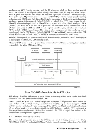 ITU-T Rec. G.984.3 (02/2004) 15
sub-layers, the GTC Framing sub-layer and the TC adaptation sub-layer. From another point of
view, GTC consists of a C/M plane, which manages user traffic flows, security, and OAM features,
and a U plane which carries user traffic. As shown in Figure 7-1, in the GTC framing sub-layer,
ATM partition, GEM partition, Embedded OAM and PLOAM partitions are recognized according
to location on a GTC frame. Only Embedded OAM is terminated at this layer for control over this
sub-layer, because information of Embedded OAM is embedded in GTC frame header directly.
PLOAM information is processed at PLOAM block located as a client of this sub-layer. SDUs
(Service Data Unit) in ATM and GEM partitions are converted from/to conventional PDUs
(Protocol Data Unit) of ATM and GEM at each adaptation sub-layer, respectively. Moreover, these
PDUs include OMCI channel data. This data is also recognized at this sub-layer, and is
interchanged from/to OMCI entity. Embedded OAM, PLOAM and OMCI are categorized into C/M
planes. SDUs except for OMCI on ATM and GEM partitions are categorized into U plane.
The GTC framing layer has global visibility to all data transmitted, and the OLT GTC framing layer
is a direct peer of all the ONU GTC framing layers.
Moreover DBA control block is specified as a common functional block. Currently, this block has
responsibility for whole ONU report DBA.
G-PON Physical Media Dependent (GPM) layer
GTC framing sub-layer
ATM TC adapter GEM TC adapter
OMCI adapter
PLOAM
GEM client
OMCI
ATM client
TC adaptation
sub-layer
G-PON Transmission Convergence (GTC) layer
DBA control
Figure 7-1/G.984.3 – Protocol stack for the GTC system
This clause describes architecture of these planes, relationship among these planes, functional
features of GTC, and operations focusing on GTC.
In GTC system, OLT and ONU do not always have two modes. Recognition of which modes are
supported are invoked at the time of system installation. The ONU reports its basic support of ATM
or GEM modes via the Serial_Number message. If the OLT is capable of interfacing to at least one
of the offered modes, it proceeds to establish the OMCI channel, and the ONU equipment is
discovered in the usual manner. If there is a mismatch, the ONU is ranged, but declared to be
incompatible to the operations support system.
7.2 Protocol stack for C/M planes
The control and management planes in the GTC system consist of three parts: embedded OAM,
PLOAM and OMCI. The embedded OAM and PLOAM channels manage the functions of the PMD
 
