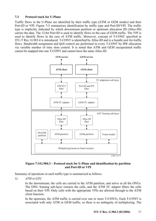 ITU-T Rec. G.984.3 (02/2004) 17
7.3 Protocol stack for U-Plane
Traffic flows in the U-Plane are identified by their traffic type (ATM or GEM modes) and their
Port-ID or VPI. Figure 7-3 summarizes identification by traffic type and Port-ID/VPI. The traffic
type is implicitly indicated by which downstream partition or upstream allocation ID (Alloc-ID)
carries the data. The 12-bit Port-ID is used to identify flows in the case of GEM traffic. The VPI is
used to identify flows in the case of ATM traffic. Moreover, concept of T-CONT specified in
ITU-T Rec. G.983.4 is introduced. T-CONT is identified by Alloc-ID and is a bundle unit for traffic
flows. Bandwidth assignment and QoS control are performed in every T-CONT by BW allocation
via variable number of time slots control. It is noted that ATM and GEM encapsulated traffic
cannot be mapped into one T-CONT and cannot have the same Alloc-ID.
Multiplexing based on frame location
PLOAM
partition
ATM partition GEM partition Frame header
Alloc-ID
filter
ATM TC adapter GEM TC adapter
VPI/VCI
filter
Port-ID and PTI
filter
ATM client
GTC framing sub-layer
TC adaptation sub-layer
GEM client
ATM service GEM service
Alloc-ID
filter
Figure 7-3/G.984.3 – Protocol stack for U-Plane and identification by partition
and Port-ID or VPI
Summary of operations in each traffic type is summarized as follows.
1) ATM in GTC
In the downstream, the cells are carried in the ATM partition, and arrive at all the ONUs.
The ONU framing sub-layer extracts the cells, and the ATM TC adapter filters the cells
based on their VPI. Only cells with the appropriate VPIs are allowed through to the ATM
client function.
In the upstream, the ATM traffic is carried over one or more T-CONTs. Each T-CONT is
associated with only ATM or GEM traffic, so there is no ambiguity of multiplexing. The
 