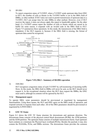 22 ITU-T Rec. G.984.3 (02/2004)
1) SR-DBA
To report congestion status of T-CONT, when a T-CONT sends upstream data from ONU
to OLT, the number of cells or blocks in the T-CONT buffer is set in the DBA field of
DBRu, or other method. If OLT does not want to permit transmission of upstream data to a
T-CONT, OLT can assign time for only DBRu or other method. However, even if OLT
receives the report, it does not always apply this report to bandwidth update. On the other
hand, if a T-CONT cannot report the number of cells or blocks which are stored in its
buffer for some reason, it responds with an invalid code in the DBA field to OLT.
Figure 7-5 summarizes these operations. In this mode, the transmission of the DBA field is
mandatory if the OLT requests it, because if the DBA field is missing, the format of
upstream data cannot be recognized.
ONU
T-CONT (Alloc-ID = X) OLT
Request of transmission
(User data + Report)
User data + Report
Request of transmission
(User data + Report)
User data + Report
Request of transmission
(Only report)
Report
Report
User data
Indicated window
Report
User data
Indicated window
Report
Indicated window
Report is applied to update BW
Report is applied to update BW
Report is not applied
to update BW
Figure 7-5/G.984.3 – Summary of SR-DBA operation
2) NSR-DBA
OLT recognizes congestion status of each T-CONT by self-monitoring of incoming traffic
flows. In this mode, the DBA field in DBRu will never be sent, as the OLT should never
request it. In the exceptional situation where the OLT does request the DBRu, the ONU
must send it, although its contents will be ignored by the OLT.
7.7.4 Management aspect
To operate DBA, some parameters should be provisioned or negotiated by management
functionalities. Using these means, the OLT and ONU agree on the DBA mode of operation, and
respond correctly to requests from each other. All of the DBA parameters should be provisioned or
negotiated by G-PON OMCI.
8 GTC TC frame
Figure 8-1 shows the GTC TC frame structure for downstream and upstream direction. The
downstream frame consists of the physical control block downstream (PCBd), the ATM partition,
and the GEM partition. The upstream frame consists of multiple transmission bursts. Each upstream
burst contains at a minimum the Physical layer overhead (PLOu). Besides the payload, it may also
contain the PLOAMu, PLSu, and DBRu sections. The downstream frame provides the common
 