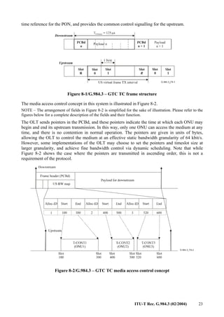 ITU-T Rec. G.984.3 (02/2004) 23
time reference for the PON, and provides the common control signalling for the upstream.
Figure 8-1/G.984.3 – GTC TC frame structure
The media access control concept in this system is illustrated in Figure 8-2.
NOTE – The arrangement of fields in Figure 8-2 is simplified for the sake of illustration. Please refer to the
figures below for a complete description of the fields and their function.
The OLT sends pointers in the PCBd, and these pointers indicate the time at which each ONU may
begin and end its upstream transmission. In this way, only one ONU can access the medium at any
time, and there is no contention in normal operation. The pointers are given in units of bytes,
allowing the OLT to control the medium at an effective static bandwidth granularity of 64 kbit/s.
However, some implementations of the OLT may choose to set the pointers and timeslot size at
larger granularity, and achieve fine bandwidth control via dynamic scheduling. Note that while
Figure 8-2 shows the case where the pointers are transmitted in ascending order, this is not a
requirement of the protocol.
Figure 8-2/G.984.3 – GTC TC media access control concept
 