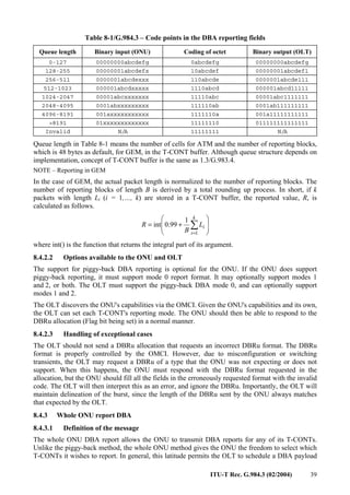 ITU-T Rec. G.984.3 (02/2004) 39
Table 8-1/G.984.3 – Code points in the DBA reporting fields
Queue length Binary input (ONU) Coding of octet Binary output (OLT)
0-127 00000000abcdefg 0abcdefg 00000000abcdefg
128-255 00000001abcdefx 10abcdef 00000001abcdef1
256-511 0000001abcdexxx 110abcde 0000001abcde111
512-1023 000001abcdxxxxx 1110abcd 000001abcd11111
1024-2047 00001abcxxxxxxx 11110abc 00001abc1111111
2048-4095 0001abxxxxxxxxx 111110ab 0001ab111111111
4096-8191 001axxxxxxxxxxx 1111110a 001a11111111111
>8191 01xxxxxxxxxxxxx 11111110 011111111111111
Invalid N/A 11111111 N/A
Queue length in Table 8-1 means the number of cells for ATM and the number of reporting blocks,
which is 48 bytes as default, for GEM, in the T-CONT buffer. Although queue structure depends on
implementation, concept of T-CONT buffer is the same as 1.3/G.983.4.
NOTE – Reporting in GEM
In the case of GEM, the actual packet length is normalized to the number of reporting blocks. The
number of reporting blocks of length B is derived by a total rounding up process. In short, if k
packets with length Li (i = 1,…, k) are stored in a T-CONT buffer, the reported value, R, is
calculated as follows.








+
= ∑
=
k
i
i
L
B
R
1
1
99
.
0
int
where int() is the function that returns the integral part of its argument.
8.4.2.2 Options available to the ONU and OLT
The support for piggy-back DBA reporting is optional for the ONU. If the ONU does support
piggy-back reporting, it must support mode 0 report format. It may optionally support modes 1
and 2, or both. The OLT must support the piggy-back DBA mode 0, and can optionally support
modes 1 and 2.
The OLT discovers the ONU's capabilities via the OMCI. Given the ONU's capabilities and its own,
the OLT can set each T-CONT's reporting mode. The ONU should then be able to respond to the
DBRu allocation (Flag bit being set) in a normal manner.
8.4.2.3 Handling of exceptional cases
The OLT should not send a DBRu allocation that requests an incorrect DBRu format. The DBRu
format is properly controlled by the OMCI. However, due to misconfiguration or switching
transients, the OLT may request a DBRu of a type that the ONU was not expecting or does not
support. When this happens, the ONU must respond with the DBRu format requested in the
allocation, but the ONU should fill all the fields in the erroneously requested format with the invalid
code. The OLT will then interpret this as an error, and ignore the DBRu. Importantly, the OLT will
maintain delineation of the burst, since the length of the DBRu sent by the ONU always matches
that expected by the OLT.
8.4.3 Whole ONU report DBA
8.4.3.1 Definition of the message
The whole ONU DBA report allows the ONU to transmit DBA reports for any of its T-CONTs.
Unlike the piggy-back method, the whole ONU method gives the ONU the freedom to select which
T-CONTs it wishes to report. In general, this latitude permits the OLT to schedule a DBA payload
 