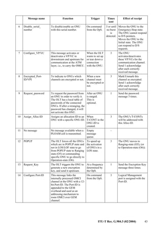 ITU-T Rec. G.984.3 (02/2004) 43
Message name Function Trigger Times
sent
Effect of receipt
6 Disable_serial_
number
To disable/enable an ONU
with this serial number.
On command
from the OpS.
3 or until
no burst
is
detected.
Moves the ONU to the
Emergency-Stop state.
The ONU cannot respond
to D/S pointers.
Moves the ONU to the
Initial state. The ONU
can respond to D/S
requests.
7 Configure_VP/VC This message activates or
deactivates a VP/VC in
downstream and upstream for
communication at the ATM
layer, i.e., to carry the OMCC.
When the OLT
wants to set up
or tear down a
connection
with the ONU.
3 The ONU
activates/deactivates
these VP/VCs for the
communication channel.
Send 1 acknowledge
after each correctly
received message.
8 Encrypted_Port-
ID/VPI
To indicate to ONUs which
channels are encrypted or not.
When a new
channel must
be encrypted or
not.
3 Mark/Unmark this
channel as encrypted.
Send 1 acknowledge
after each correctly
received message.
9 Request_password To request the password from
an ONU in order to verify it.
The OLT has a local table of
passwords of the connected
ONUs. If after a reranging, the
password has changed, it will
not activate this ONU.
After an ONU
is ranged.
This is
optional.
1 Send the password
message 3 times.
10 Assign_Alloc-ID Assigns an allocation ID to an
ONU with a specific ONU-ID.
When
T-CONT in the
ONU-ID is
created.
3 The ONU's T-CONTs
will be addressed with
this Alloc-ID.
11 No message No message available when a
PLOAM cell is transmitted.
Empty
message
queue.
–
12 POPUP The OLT forces all the ONUs
which are in POPUP state and
not in LOS/LOF state to go
from POPUP state to Ranging
state (O5) or commanding
specific ONU to go directly to
Operation-state (O6).
To speed up
the activation
of ONUs in a
LOS state.
3 The ONU moves to
Ranging-state (O5), (or
to Operation-state (O6)).
13 Request_Key The OLT triggers the ONU to
generate a new encryption
key, and send it upstream.
At a frequency
determined by
the OpS.
1 Send the Encryption Key
message three times.
14 Configure Port-ID This message links the
internally processed OMCI
channel at the ONU with a 12-
bit Port-ID. The Port-ID is
appended to the GEM
overhead and used as an
addressing mechanism to
route OMCI over GEM
channel.
On command
from the OpS.
3 Logical Management
port is assigned with the
Port-ID.
 