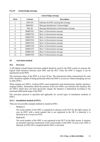 ITU-T Rec. G.984.3 (02/2004) 55
9.2.4.9 Acknowledge message
Acknowledge message
Octet Content Description
1 ONU-ID Indicates the ONU sourcing this message
2 00001001 Message identification "Acknowledge"
3 DM_ID Message identification of downstream message
4 DMBYTE1 Byte 1 of downstream message
5 DMBYTE2 Byte 2 of downstream message
6 DMBYTE3 Byte 3 of downstream message
7 DMBYTE4 Byte 4 of downstream message
8 DMBYTE5 Byte 5 of downstream message
9 DMBYTE6 Byte 6 of downstream message
10 DMBYTE7 Byte 7 of downstream message
11 DMBYTE8 Byte 8 of downstream message
12 DMBYTE9 Byte 9 of downstream message
10 Activation method
10.1 Overview
A full digital in-band based activation method should be used by the PON system to measure the
logical reach distances between each ONU and the OLT. Once the ONU is ranged, it can be
operational on the PON.
The maximum range of the PON is at least 20 km. The transmission delay measurement for each
ONU should be capable of being performed whilst the PON is in-service without disrupting service
to other ONUs.
When ranging new ONUs, working ONUs must temporarily stop transmissions, thereby opening a
ranging window. Information about the position of the new ONUs can minimize this duration, but
for ONUs which have not been previously ranged, the duration is determined according to the
maximum differential range of the PON.
The activation protocol is specified and applicable for several types of installation methods of
ONUs.
10.1.1 Installation method of ONUs
There are two possible example methods to install an ONU:
– Method-A:
The serial number of the ONU is registered in advance at the OLT by the OpS system. In
case an ONU with a serial number that is not registered in the OLT is detected, it is
declared as an Unexpected ONU.
– Method-B:
The serial number of the ONU is not registered at the OLT by the OpS system. It requires
an automatic detection mechanism of the serial number of the ONU. In case a new ONU is
detected, an ONU-ID is assigned and the ONU is activated.
 