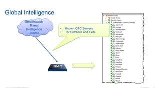© 2016 Cisco and/or its affiliates. All rights reserved. Cisco Confidential 16
Global Intelligence
Stealthwatch
Threat
Intelligence
License
• Known C&C Servers
• Tor Entrance and Exits
 