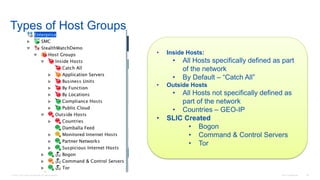 © 2016 Cisco and/or its affiliates. All rights reserved. Cisco Confidential 26
Types of Host Groups
• Inside Hosts:
• All Hosts specifically defined as part
of the network
• By Default – “Catch All”
• Outside Hosts
• All Hosts not specifically defined as
part of the network
• Countries – GEO-IP
• SLIC Created
• Bogon
• Command & Control Servers
• Tor
 