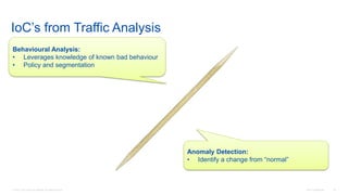 © 2016 Cisco and/or its affiliates. All rights reserved. Cisco Confidential 33
IoC’s from Traffic Analysis
Behavioural Analysis:
• Leverages knowledge of known bad behaviour
• Policy and segmentation
Anomaly Detection:
• Identify a change from “normal”
 