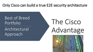 The Cisco
Advantage
Best of Breed
Portfolio
Architectural
Approach
Only Cisco can build a true E2E security architecture
 