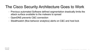 • Previous automated Software defined segmentation drastically limits the
attack surface available to the malware to spread
• OpenDNS prevents C&C connection
• Stealthwatch (flow behavior analytics) alerts on C&C and host lock
The Cisco Security Architecture Goes to Work
 