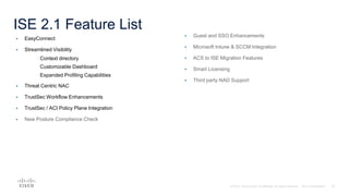 ISE 2.1 Feature List
 Guest and SSO Enhancements
 Microsoft Intune & SCCM Integration
 ACS to ISE Migration Features
 Smart Licensing
 Third party NAD Support
 EasyConnect
 Streamlined Visibility
Context directory
Customizable Dashboard
Expanded Profiling Capabilities
 Threat Centric NAC
 TrustSec Workflow Enhancements
 TrustSec / ACI Policy Plane Integration
 New Posture Compliance Check
 