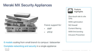 Meraki MX Security Appliances
6 models scaling from small branch to campus / datacenter
Complete networking and security in a single appliance
Zero-touch site to site
VPN
WAN optimization
NG firewall
Content filtering
WAN link-bonding
Intrusion Prevention
Feature
highlights
Future support for:
• AMP
• IPFIX
 