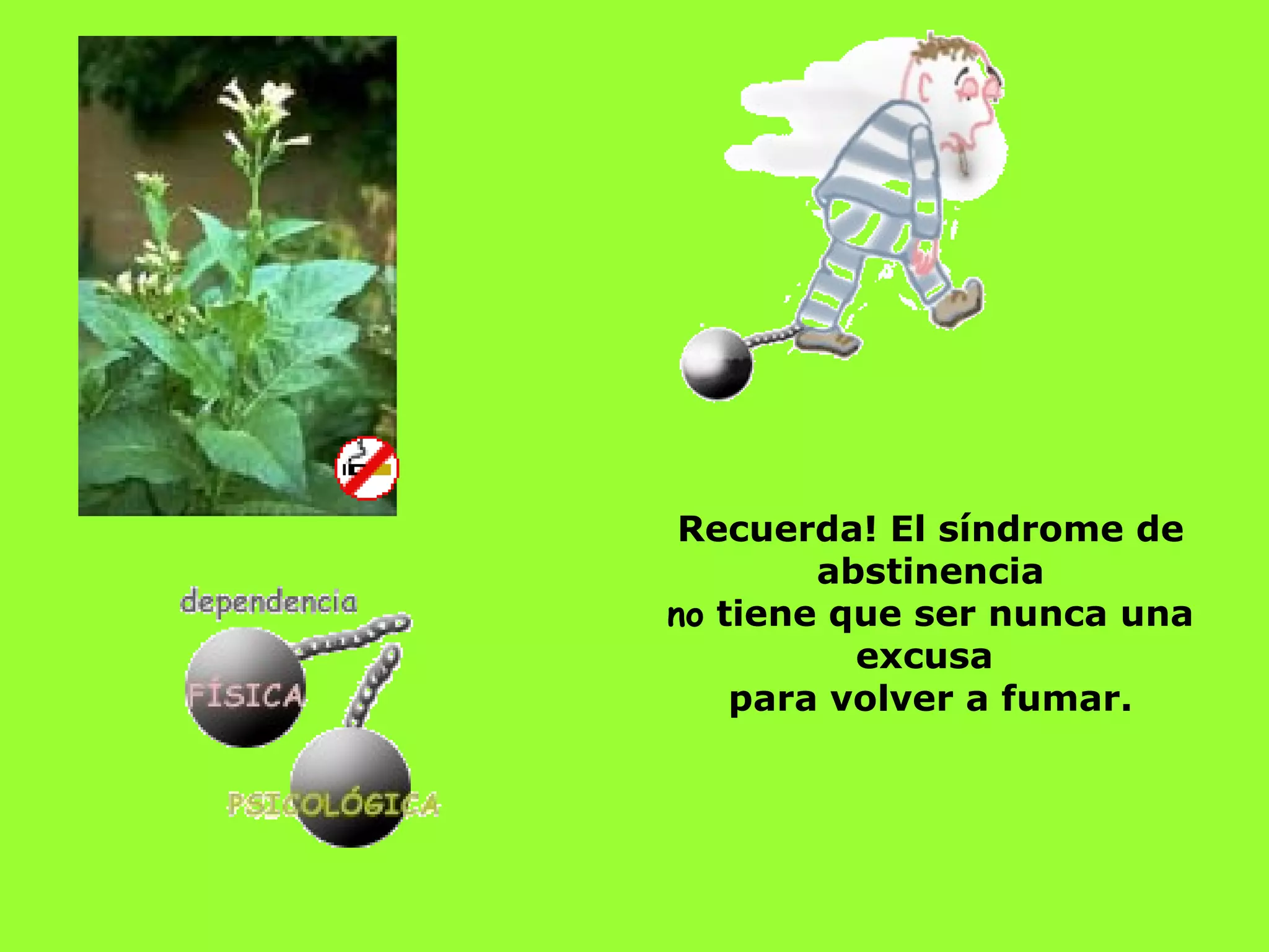 Recuerda! El síndrome de abstinencia no  tiene que ser nunca una excusa  para volver a fumar.               