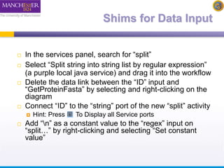 Shims for Data Input 
 In the services panel, search for “split” 
 Select “Split string into string list by regular expression” 
(a purple local java service) and drag it into the workflow 
 Delete the data link between the “ID” input and 
“GetProteinFasta” by selecting and right-clicking on the 
diagram 
 Connect “ID” to the “string” port of the new “split” activity 
 Hint: Press To Display all Service ports 
 Add “n” as a constant value to the “regex” input on 
“split…” by right-clicking and selecting “Set constant 
value” 
 