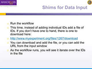 Shims for Data Input 
 Run the workflow 
 This time, instead of adding individual IDs add a file of 
IDs. If you don’t have one to hand, there is one to 
download here: 
 http://www.myexperiment.org/files/1267/download 
 You can download and add the file, or you can add the 
URL from the input window 
 As the workflow runs, you will see it iterate over the IDs 
in the file 
 