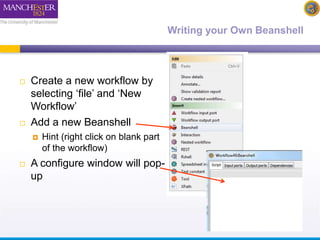Writing your Own Beanshell 
 Create a new workflow by 
selecting ‘file’ and ‘New 
Workflow’ 
 Add a new Beanshell 
 Hint (right click on blank part 
of the workflow) 
 A configure window will pop-up 
 