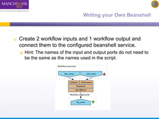 Writing your Own Beanshell 
 Create 2 workflow inputs and 1 workflow output and 
connect them to the configured beanshell service. 
 Hint: The names of the input and output ports do not need to 
be the same as the names used in the script. 
 