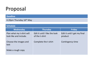 Proposal
Deadline
4.20pm Thursday 16th May
Wednesday Thursday Friday
Plan what my t-shirt will
look like and include.
Choose the images and
text
Make a rough copy
Edit it until I like the look
of the t-shirt
Complete the t-shirt
Edit it until I get my final
product
Contingency time
Schedule
 