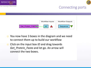Connecting ports 
 You now have 3 boxes in the diagram and we need 
to connect them up to build our workflow 
 Click on the input box ID and drag towards 
Get_Protein_Fasta and let go. An arrow will 
connect the two boxes. 
 