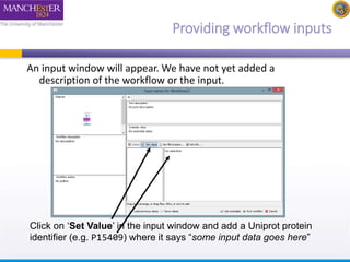 Providing workflow inputs 
An input window will appear. We have not yet added a 
description of the workflow or the input. 
Click on ‘Set Value’ in the input window and add a Uniprot protein 
identifier (e.g. P15409) where it says “some input data goes here” 
 
