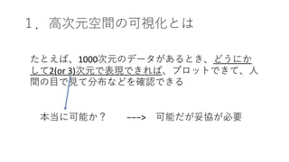 １．⾼次元空間の可視化とは
たとえば、1000次元のデータがあるとき、どうにか
して2(or 3)次元で表現できれば、プロットできて、⼈
間の⽬で⾒て分布などを確認できる
本当に可能か？ −−−> 可能だが妥協が必要
 
