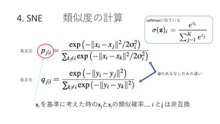 4. SNE 類似度の計算 softmaxに似ている
低次元
⾼次元
xi を基準に考えた時のxjとxiの類似確率.... i とj は⾮互換
σのあるなしのみの違い
 
