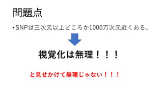 問題点
• SNPは三次元以上どころか1000万次元近くある。
視覚化は無理！！！
と見せかけて無理じゃない！！！
 