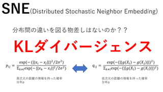 𝑞𝑖𝑗 =
exp(−(||𝑔(𝑋𝑖) − 𝑔(𝑋𝑗)||)2
)
Σ 𝑘≠𝑙exp(−(||𝑔(𝑋𝑖) − 𝑔(𝑋𝑙)||)2)
𝑝𝑖𝑗 =
exp(− (||𝑥𝑖 − 𝑥𝑗||)2
2𝜎2
)
Σ 𝑘≠𝑙exp(− ||𝑥 𝑘 − 𝑥𝑙||2 2𝜎2)
SNE(Distributed Stochastic Neighbor Embedding)
分布間の違いを図る物差しはないのか？？
高次元の距離の情報を持った確率
分布p
低次元の距離の情報を持った確率
分布p
KLダイバージェンス
 