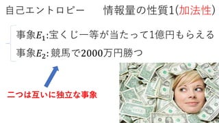 自己エントロピー 情報量の性質1(加法性)
事象𝐸1:宝くじ一等が当たって1億円もらえる
事象𝐸2: 競馬で2000万円勝つ
二つは互いに独立な事象
 