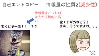 自己エントロピー 情報量の性質2(減少性）
宝くじで一億！！！？？
宝くじが外れる？！
まあ、そうですよね。。。
情報量はこっちの
ほうが圧倒的に高
い
 