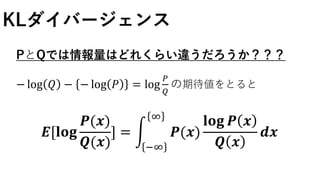 KLダイバージェンス
PとQでは情報量はどれくらい違うだろうか？？？
− log 𝑄 − − log 𝑃 = log
𝑃
𝑄
の期待値をとると
𝑬[𝐥𝐨𝐠
𝑷(𝒙)
𝑸(𝒙)
] =
−∞
∞
𝑷(𝒙)
𝐥𝐨𝐠 𝑷 𝒙
𝑸 𝒙
𝒅𝒙
 