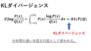 KLダイバージェンス
𝑬[𝐥𝐨𝐠
𝑷(𝒙)
𝑸(𝒙)
] =
−∞
∞
𝑷 𝒙
𝐥𝐨𝐠 𝑷 𝒙
𝑸 𝒙
𝒅𝒙 =: 𝑲𝑳(𝑷||𝑸)
分布間の違いを図る尺度として使われる。
KLダイバージェンス
 