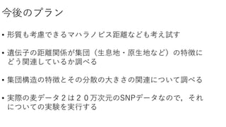 今後のプラン
• 形質も考慮できるマハラノビス距離なども考え試す
• 遺伝子の距離関係が集団（生息地・原生地など）の特徴に
どう関連しているか調べる
• 集団構造の特徴とその分散の大きさの関連について調べる
• 実際の麦データ２は２０万次元のSNPデータなので，それ
についての実験を実行する
 